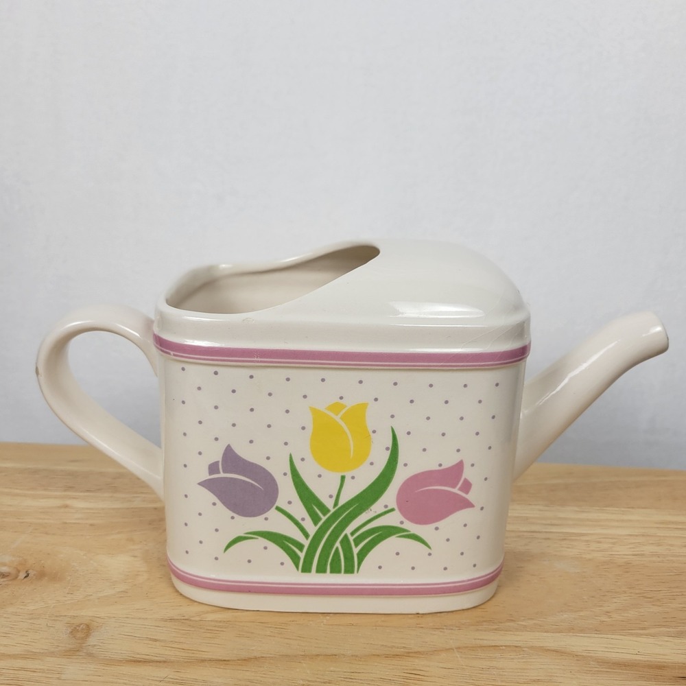 Vintage 1985 Teleflora Tulip Polka Dot Ceramic Watering Can Vase Grandmacore - Picture 3 of 13